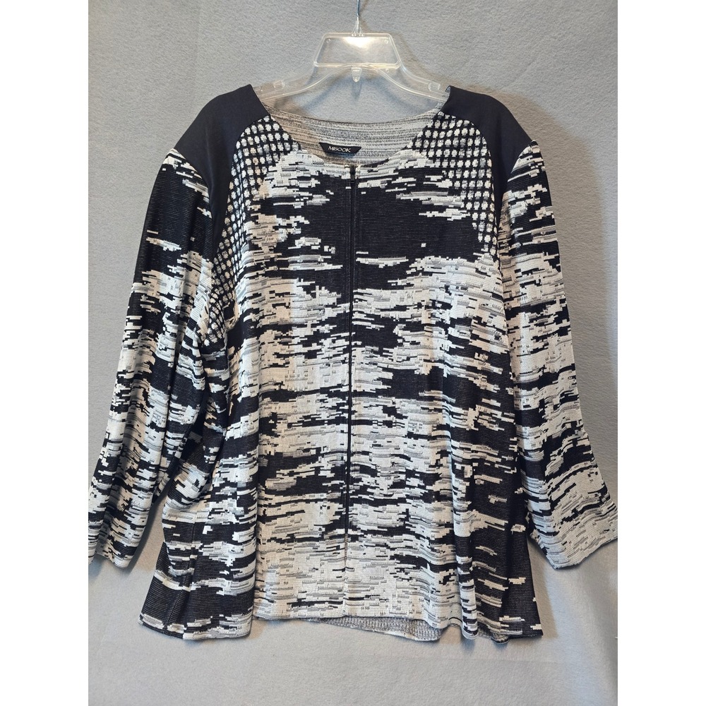 Misook Womens Black White Abstract Knit Full Zip Jacket Stretch Material Sz XL